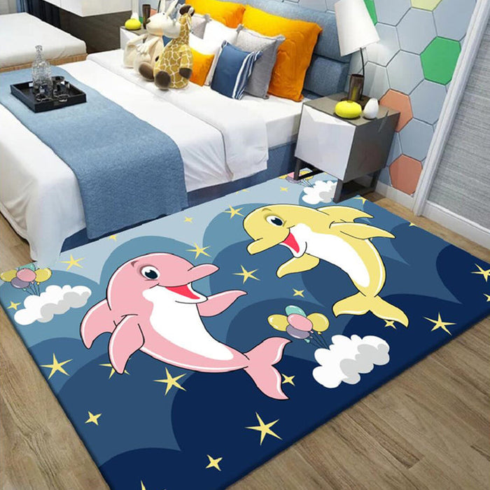 Kids Cartoon Dolphin Pattern Rug with Star Green and Blue Polyester Rug Washable Pet Friendly Non-Slip Area Rug for Child's Bedroom