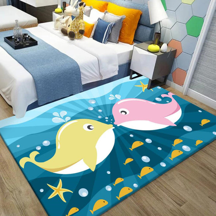 Kids Cartoon Dolphin Pattern Rug with Star Green and Blue Polyester Rug Washable Pet Friendly Non-Slip Area Rug for Child's Bedroom