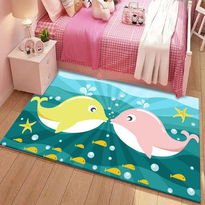 Kids Cartoon Dolphin Pattern Rug with Star Green and Blue Polyester Rug Washable Pet Friendly Non-Slip Area Rug for Child's Bedroom