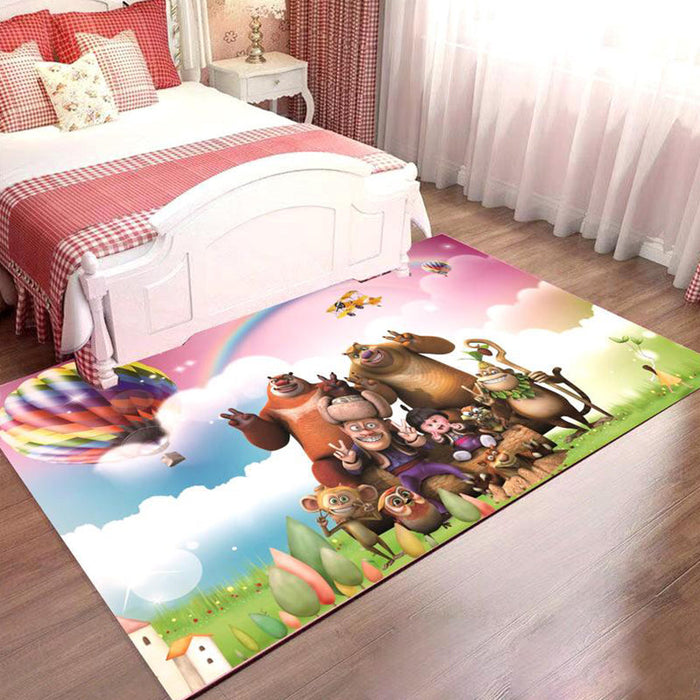 Kids Cartoon Character Pattern Rug Pink and Blue Polyester Rug Washable Pet Friendly Non-Slip Area Rug for Child's Bedroom