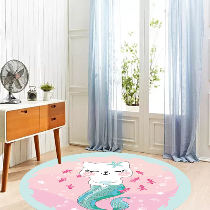 Kids Cartoon Cat Pattern Rug Pink and Red Polyester Rug Washable Pet Friendly Non-Slip Area Rug for Child's Bedroom