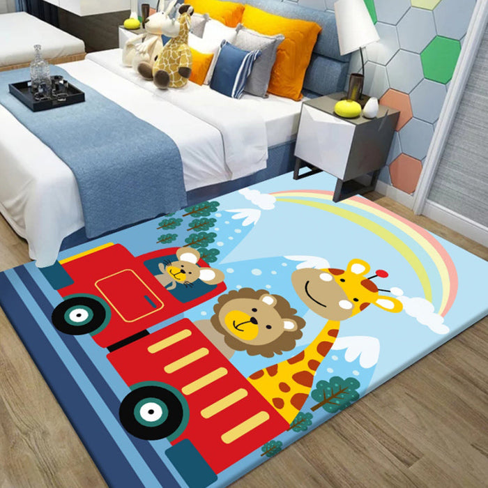 Unique Cartoon Animal Pattern Rug Black and Blue Kids Rug Polyester Pet Friendly Washable Area Rug for Nursery