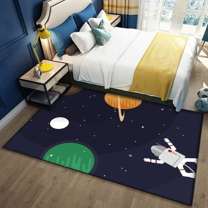 Kids Outer Space Pattern Rug with Spaceship Multicolor Polyester Rug Washable Pet Friendly Non-Slip Area Rug for Child's Bedroom