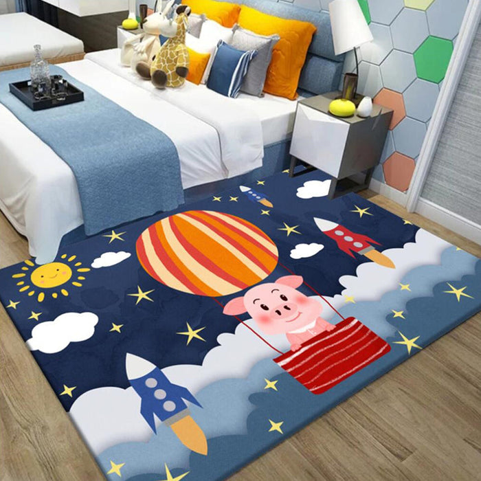 Kids Outer Space Pattern Rug with Spaceship Multicolor Polyester Rug Washable Pet Friendly Non-Slip Area Rug for Child's Bedroom