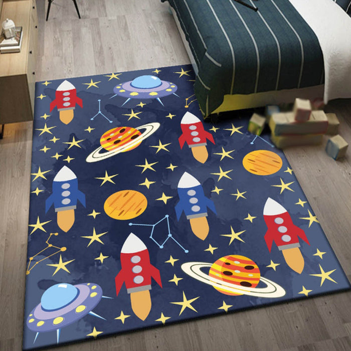 Kids Outer Space Pattern Rug with Spaceship Multicolor Polyester Rug Washable Pet Friendly Non-Slip Area Rug for Child's Bedroom