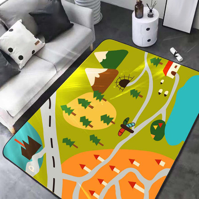 Kids Map Pattern Rug Green Polyester Rug Washable Pet Friendly Non-Slip Area Rug for Child's Bedroom