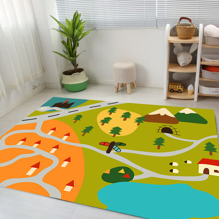 Kids Map Pattern Rug Green Polyester Rug Washable Pet Friendly Non-Slip Area Rug for Child's Bedroom