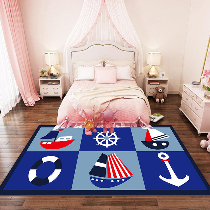 Kids Ship Pattern Rug with Anchor Blue Polyester Rug Washable Pet Friendly Non-Slip Area Rug for Child's Bedroom