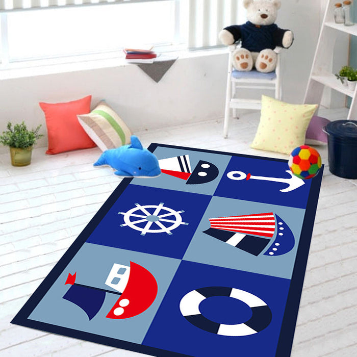 Kids Ship Pattern Rug with Anchor Blue Polyester Rug Washable Pet Friendly Non-Slip Area Rug for Child's Bedroom