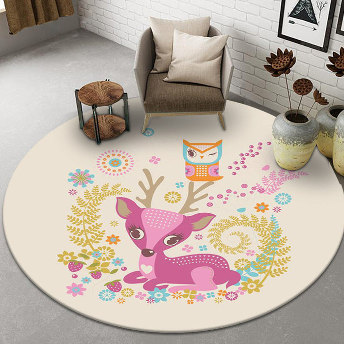 Cute Cartoon Animal Pattern Rug Beige and Red Kids Rug Polyester Pet Friendly Washable Area Rug for Nursery