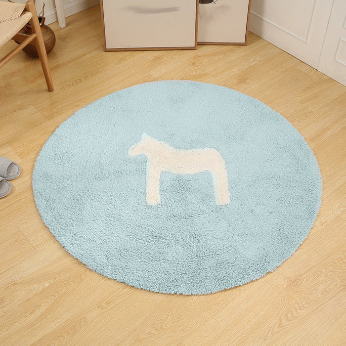 Kids Horse Pattern Rug Blue and Khaki Cotton Rug Washable Pet Friendly Non-Slip Area Rug for Child's Bedroom