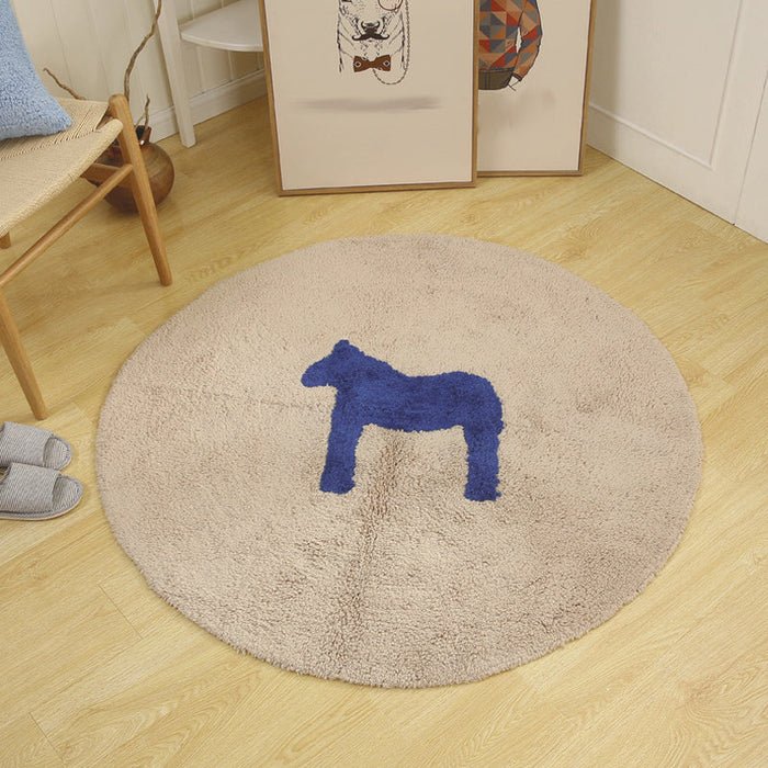 Kids Horse Pattern Rug Blue and Khaki Cotton Rug Washable Pet Friendly Non-Slip Area Rug for Child's Bedroom