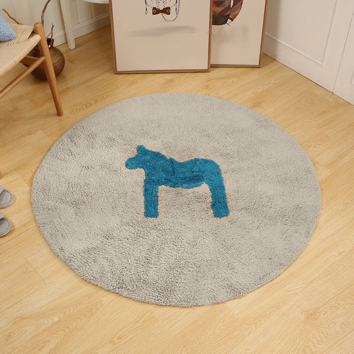 Kids Horse Pattern Rug Blue and Khaki Cotton Rug Washable Pet Friendly Non-Slip Area Rug for Child's Bedroom