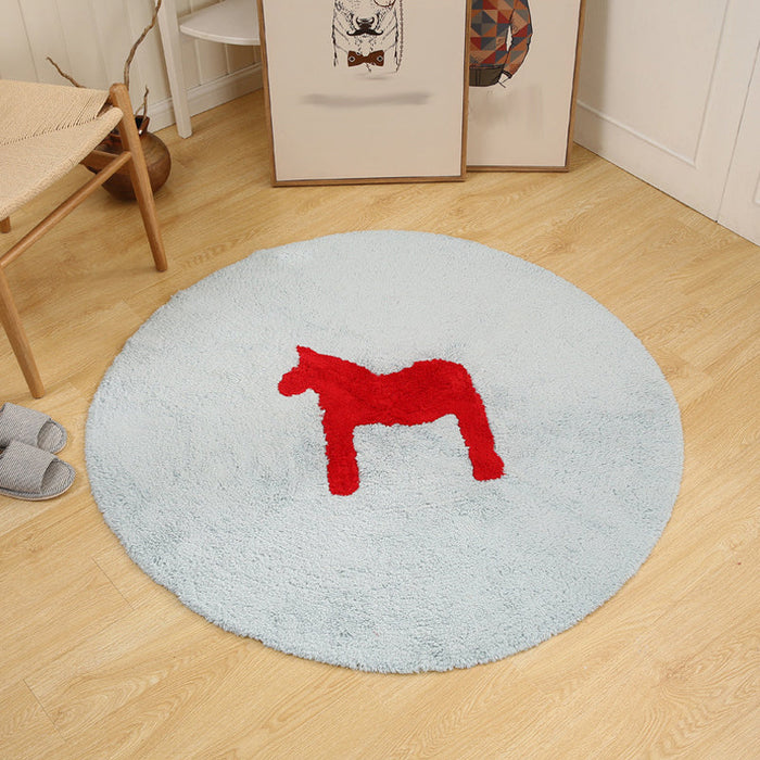 Kids Horse Pattern Rug Blue and Khaki Cotton Rug Washable Pet Friendly Non-Slip Area Rug for Child's Bedroom