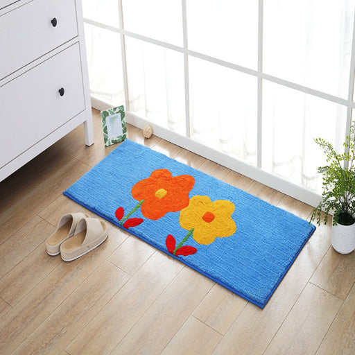 Blue and Orange Kids Rug Polyester Leaf and Flower Pattern Rug Pet Friendly Washable Anti-Slip Backing Carpet for Decoration