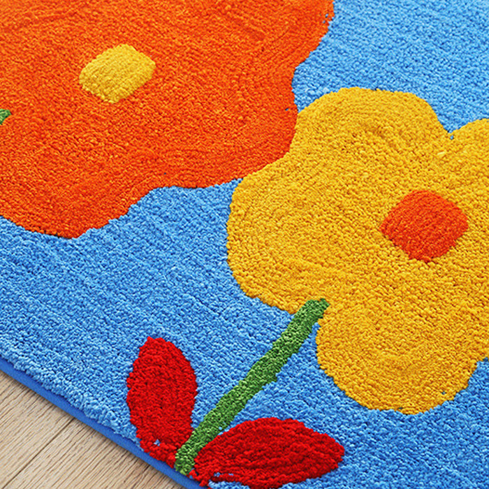 Blue and Orange Kids Rug Polyester Leaf and Flower Pattern Rug Pet Friendly Washable Anti-Slip Backing Carpet for Decoration