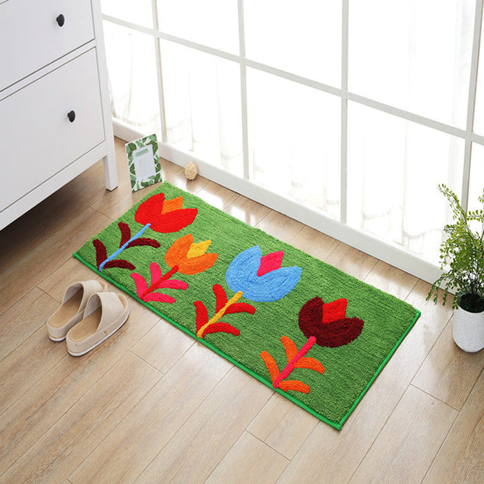 Blue and Orange Kids Rug Polyester Leaf and Flower Pattern Rug Pet Friendly Washable Anti-Slip Backing Carpet for Decoration