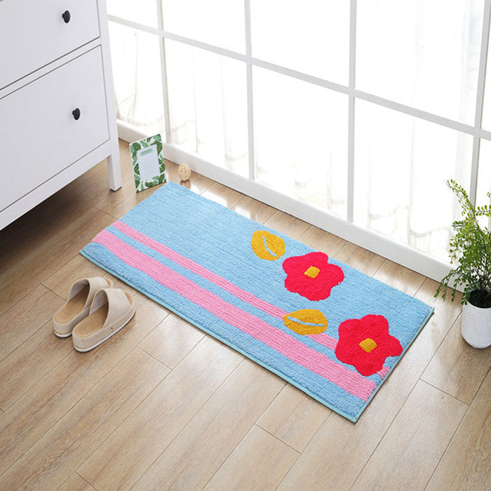 Blue and Orange Kids Rug Polyester Leaf and Flower Pattern Rug Pet Friendly Washable Anti-Slip Backing Carpet for Decoration