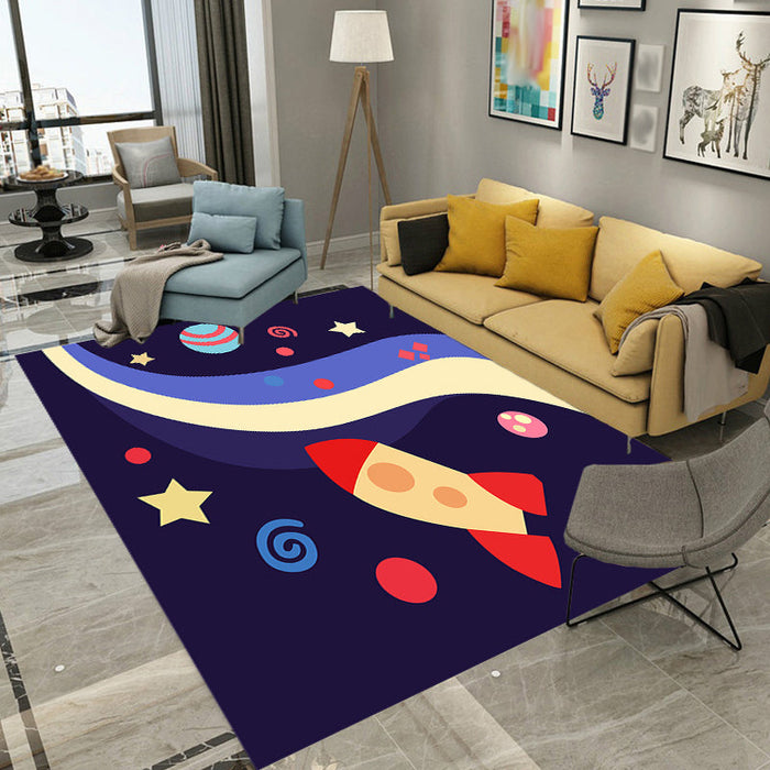 Kids Spaceship Pattern Rug with Planet Dark Blue Polyester Rug Washable Pet Friendly Non-Slip Area Rug for Child's Bedroom