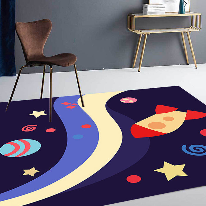 Kids Spaceship Pattern Rug with Planet Dark Blue Polyester Rug Washable Pet Friendly Non-Slip Area Rug for Child's Bedroom