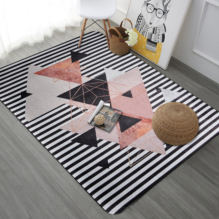 Modern Geometric Pattern Rug with Stripe Grey Multicolor Polyester Rug Washable Pet Friendly Non-Slip Area Rug for Living Room