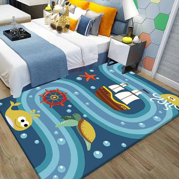 Cute Whale Pattern Rug Blue Kids Rug Polyester Pet Friendly Washable Area Rug for Nursery