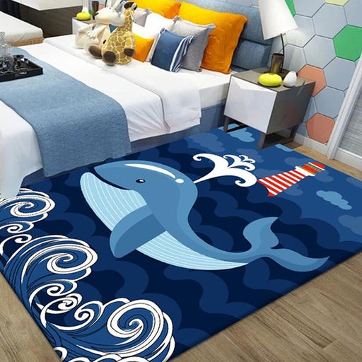 Cute Whale Pattern Rug Blue Kids Rug Polyester Pet Friendly Washable Area Rug for Nursery