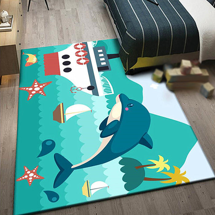 Kids Ship Pattern Rug with Dolphin Blue Polyester Rug Washable Pet Friendly Non-Slip Area Rug for Child's Bedroom