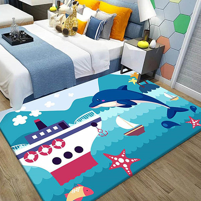 Kids Ship Pattern Rug with Dolphin Blue Polyester Rug Washable Pet Friendly Non-Slip Area Rug for Child's Bedroom