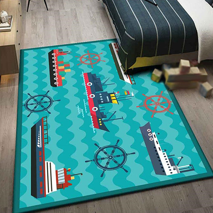 Kids Ship Pattern Rug with Dolphin Blue Polyester Rug Washable Pet Friendly Non-Slip Area Rug for Child's Bedroom