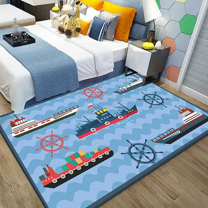 Kids Ship Pattern Rug with Dolphin Blue Polyester Rug Washable Pet Friendly Non-Slip Area Rug for Child's Bedroom