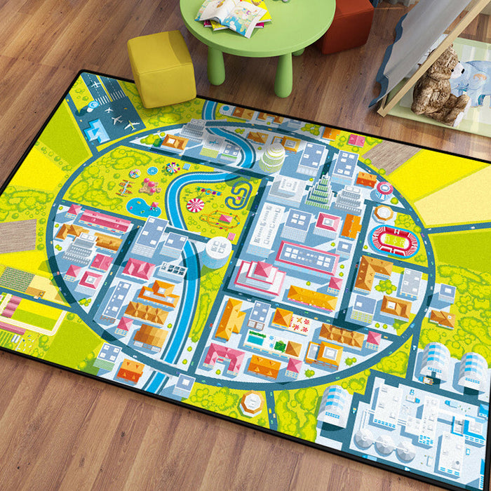 Kids Island Pattern Rug Green and Blue Polyester Rug Washable Pet Friendly Non-Slip Area Rug for Child's Bedroom