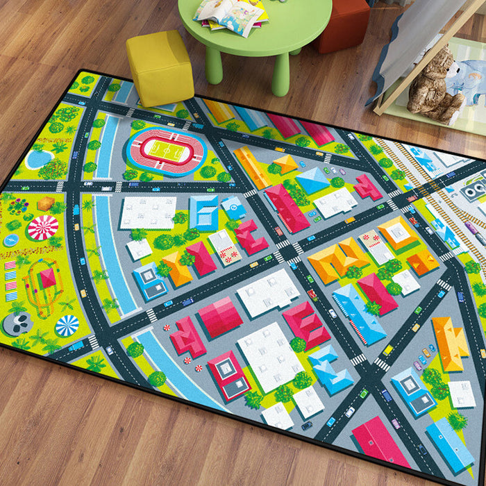 Kids Island Pattern Rug Green and Blue Polyester Rug Washable Pet Friendly Non-Slip Area Rug for Child's Bedroom