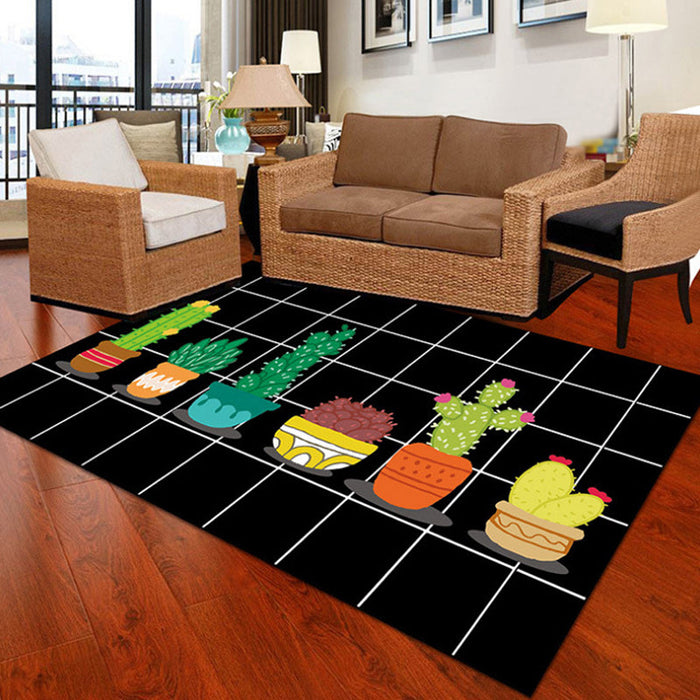 Kids Cactus Pattern Rug Black and Green Polyester Rug Washable Pet Friendly Non-Slip Area Rug for Child's Bedroom