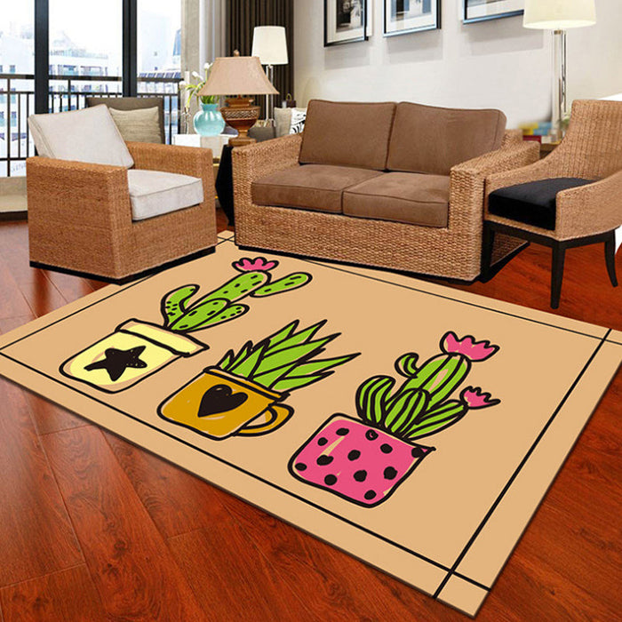 Kids Cactus Pattern Rug Black and Green Polyester Rug Washable Pet Friendly Non-Slip Area Rug for Child's Bedroom