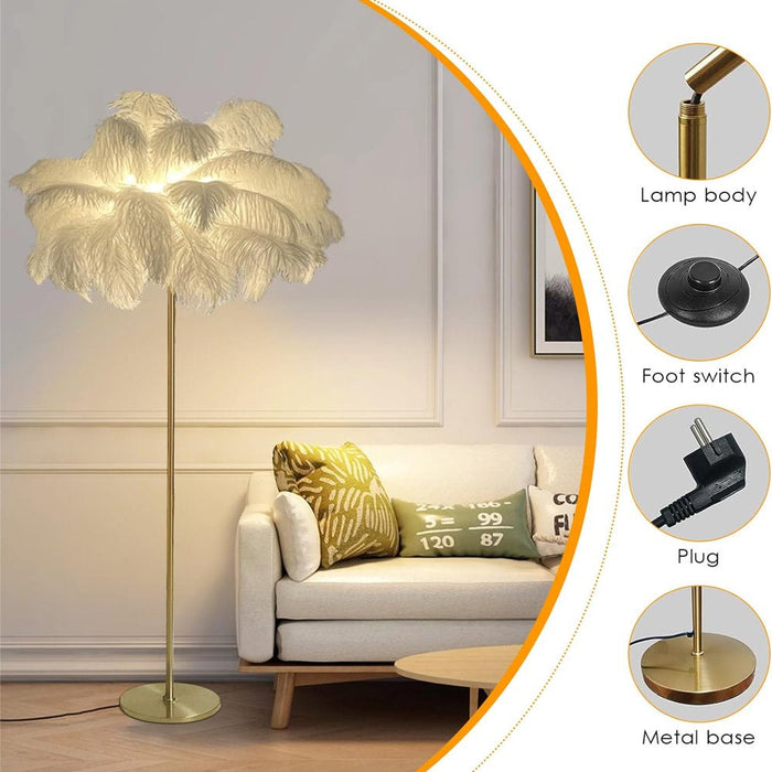 Feather Lamp Natural Ostrich Feather Floor Lamp 62.99Inch Tall Standing Lamp for Bedroom, Funky White Feather Light Gold Floor Lamps Girl Bedroom Living Room Lamp for Nightstand Elegant Decor