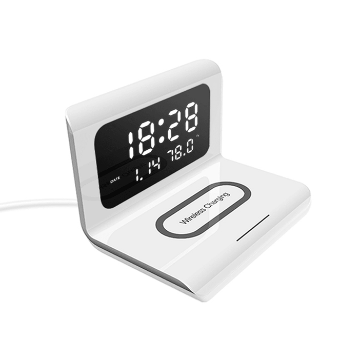 Electric LED 12/24H Alarm Clock with Phone QI 10W Wireless Charger Table Digital Thermometer LED Display Desktop Clock Perpetual Calendar