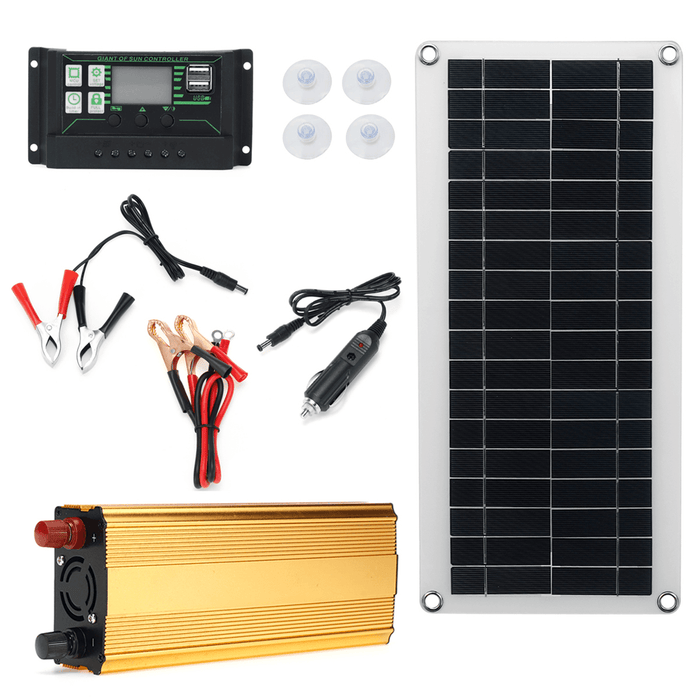 4In1 Waterproof Solar Panel Solar Power Kit W/ 2000W Power Inverter 30W Solar Panel with Soar Charge Controller