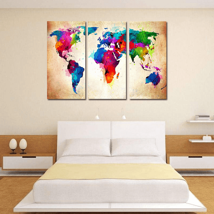 Miico Hand Painted Three Combination Decorative Paintings Colorful World Map Wall Art for Home Decoration