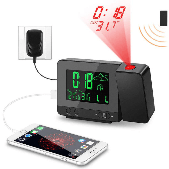 Digital Projection Clock LED Display Dimmer USB Charger Alarm Clock with Indoor Outdoor Thermometer for Home Bedroom Decoration Clock