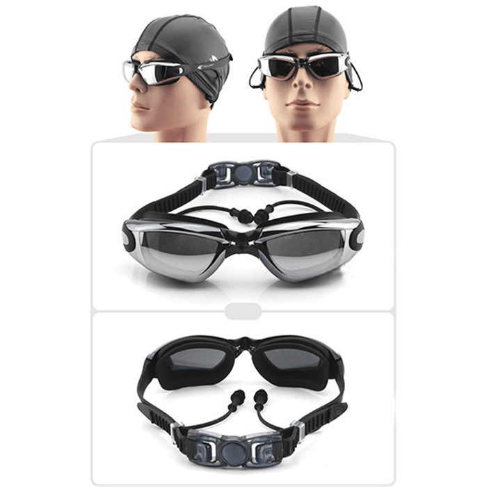 Swimming Goggles with Earplug Waterproof anti Fog Mirrored Large Frame HD Goggles for Men Women