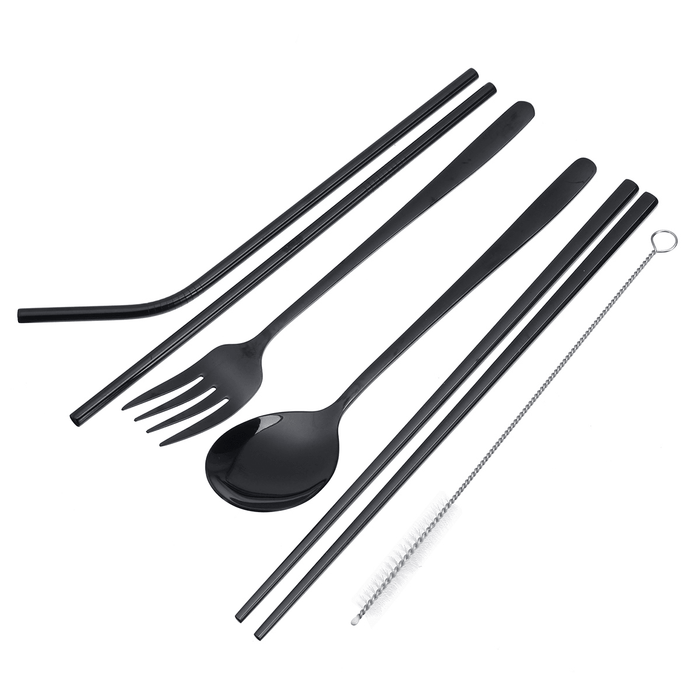 Stainless Steel Metal Drinking Straw Spoon Set Reusable Straws Fork Chopsticks Brush Kit