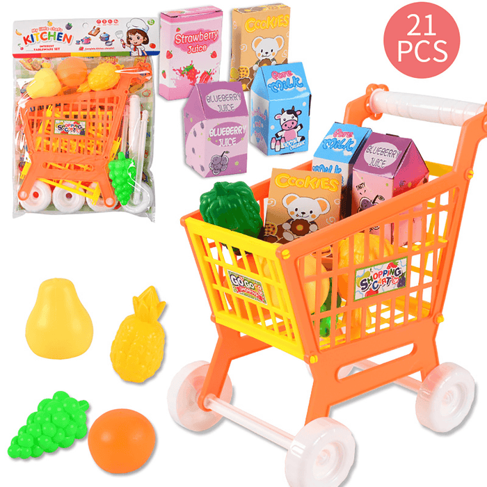 21Pcs/Set Toy Shopping Cart Pretend Supermarket Food Items Children Educational Play Toy for Ages 3 and Up