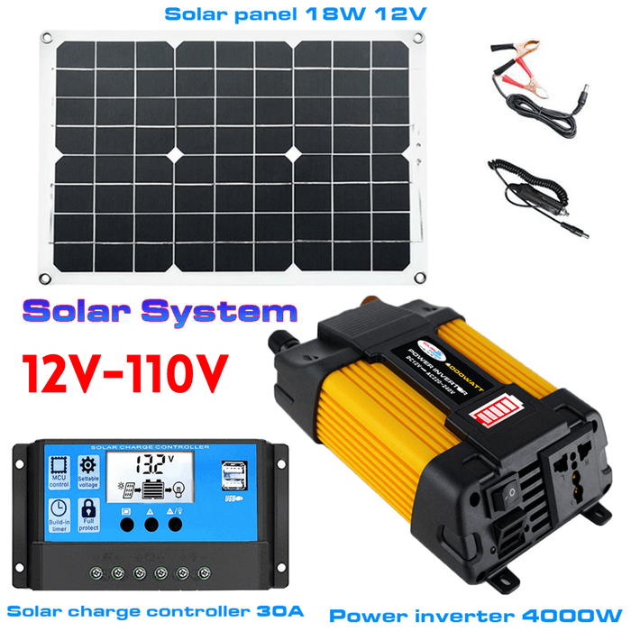 Solar Power System 18W Solar Panel 4000W Inverter 30A Controller Kit Solar Panel Battery Charger