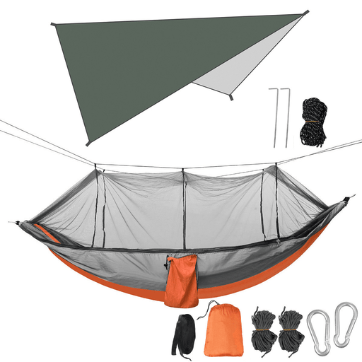 Double Person Camping Hammock with Mosquito Net + Awning Outdoor Hiking Travel Hanging Hammock Set Bearable 300Kg