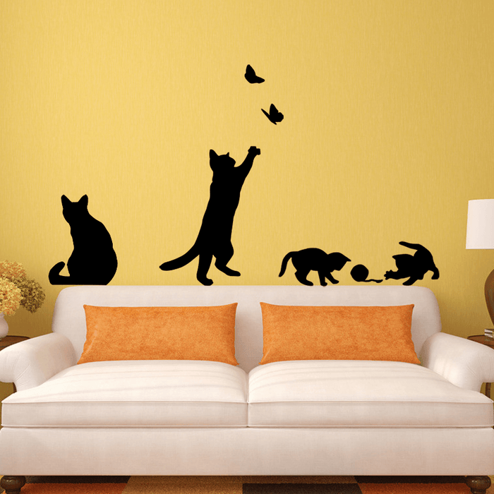 Removable Cat Play Butterflies Wall Sticker for Bedroom, Kitchen, and Living Room Decor