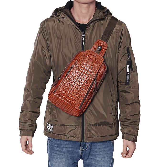 Men'S New Leather Crocodile Pattern Chest Bag Sling Backpack Crossbody Bags