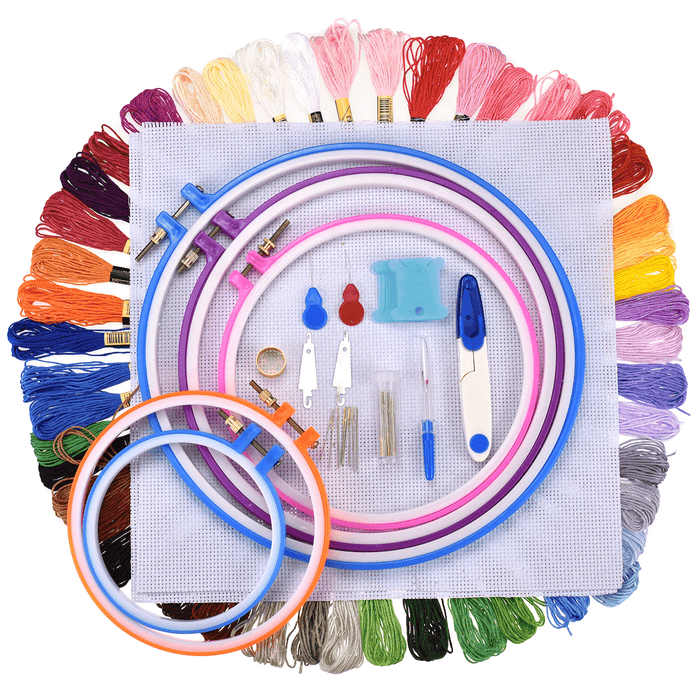 5PCS Embroidery Circles Set 50 Colors Embroidery Thread Sewing Tool Adjustable Skein Punch Needle Stitching Kits
