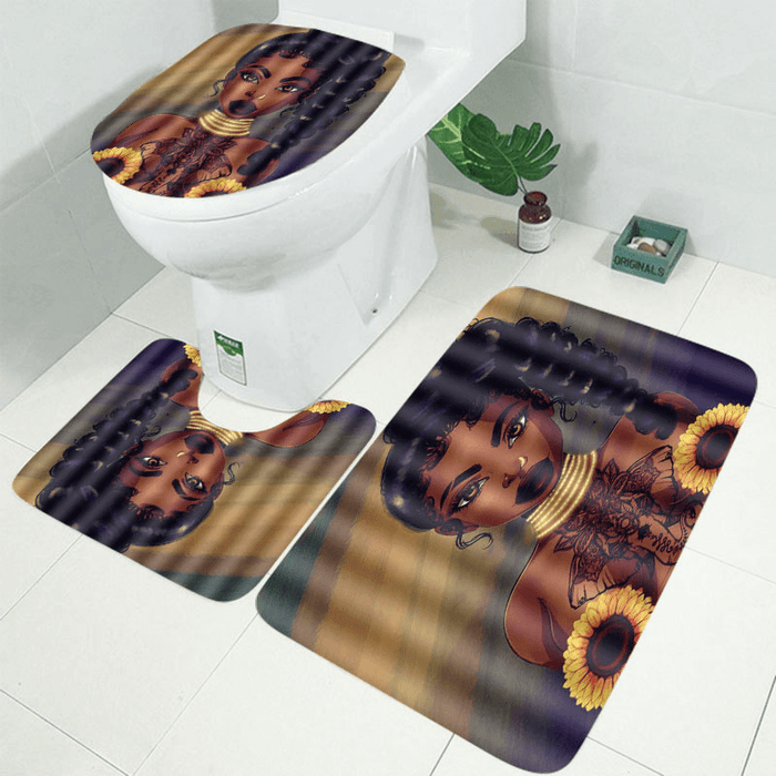 African Black Woman Girl Bathroom Shower Curtain Toilet Cover Pedestal Decor Set