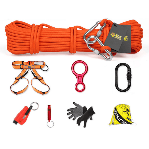 XINDA 8 in 1 Outdoor Survival Kits 10M Climbing Rope Safety Belt Carabiner Window Breaker Gloves Whistle Speed-Drop Ring Non-Slip Hiking Fire Escape Tools